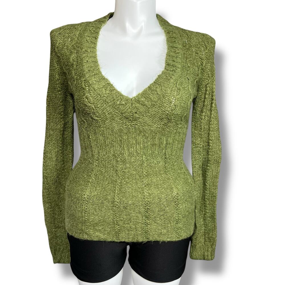Arizona Jean Co Womens Y2K Knit Sweater Pullover V Neck Fitted Long Sleeve Green